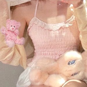 Pastel Pink Japanese Kawaii Style Cottage Lace Ruffle Ribbon Halter Crop Top